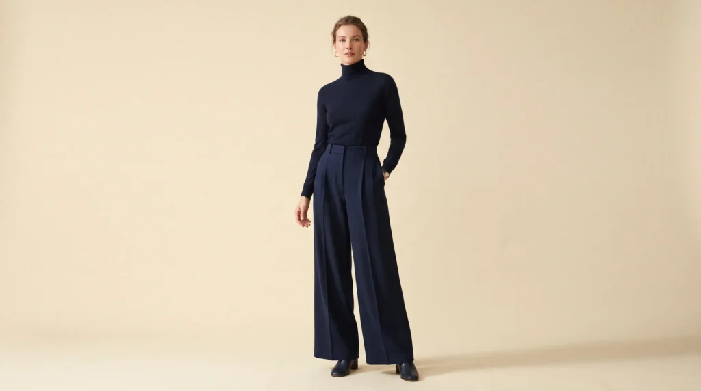 Wool Trouser Women: 10 Outfit Ideas for Work, Weekends, and Evenings 4 Dark navy wide leg trousers paired with a dark turtleneck, highlighting the elegant drape of a wool trouser women style chosen for evenings and events.