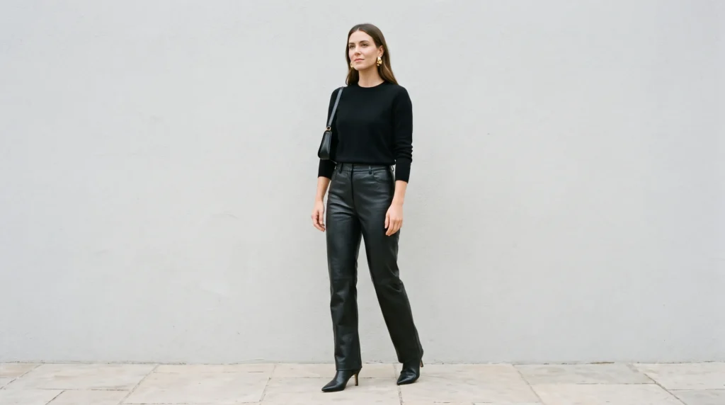 a black COS cashmere sweater styled with black leather trousers in bright, even daylight.