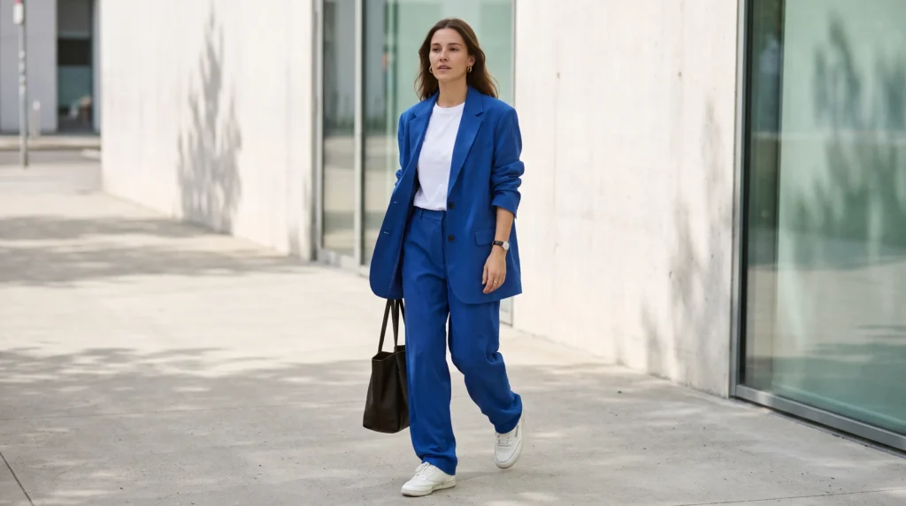10 Adam Sandler Outfit Ideas for Women: Comfy, Oversized, and Effortlessly Cool 8 A tailored blue suit outfit for women inspired by Adam Sandler's Punch Drunk Love, worn casually with sneakers.