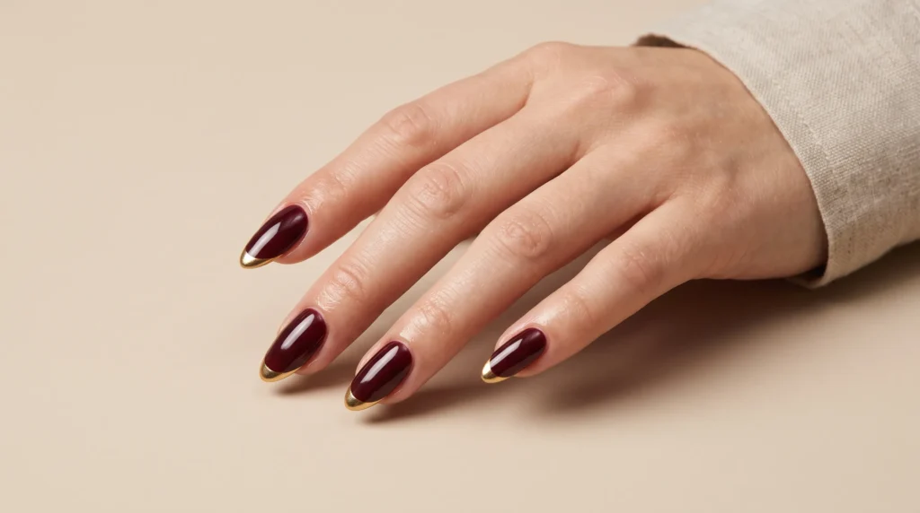 Burgundy and Gold Nails: 10 Luxurious Ideas, Shades & Pro Tips for a Rich Manicure 5 Modern French manicure featuring deep burgundy and gold nails with thin metallic gold tips.