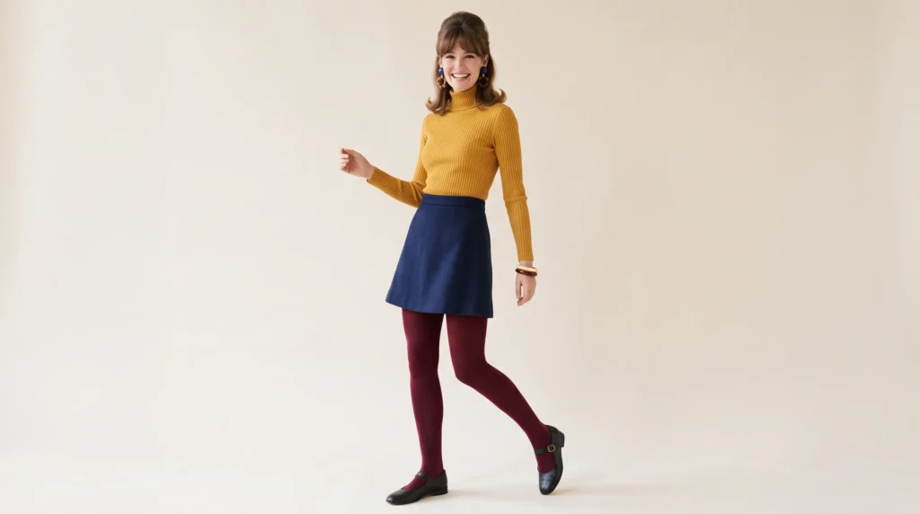 12 Iconic 60's Outfits for Ladies: Mod, Retro, and Vintage Looks to Recreate 4 A-line miniskirt and burgundy tights representing iconic 60's outfits for ladies.