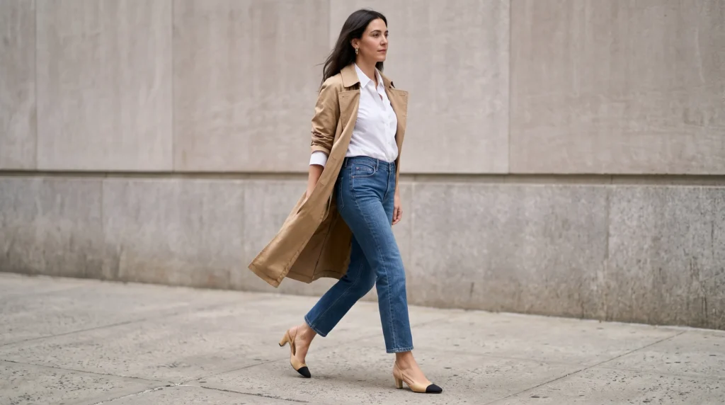 High Heels With Jeans: 10 Outfit Ideas for Every Occasion 5 A woman's casual office look with straight leg jeans, slingback kitten heels, and a white button-down shirt.