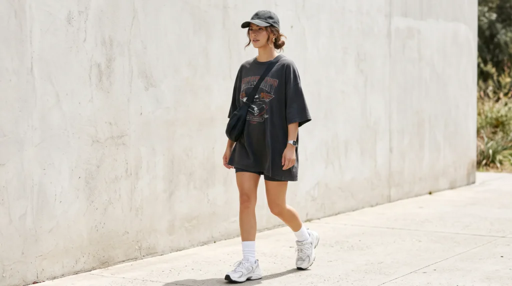 10 Adam Sandler Outfit Ideas for Women: Comfy, Oversized, and Effortlessly Cool 11 A casual oversized T-shirt dress outfit for women with crew socks and chunky sneakers.