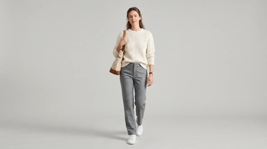 Wool Trouser Women: 10 Outfit Ideas for Work, Weekends, and Evenings 6 Relaxed gray flannel trousers paired with a cozy cable knit sweater and white sneakers, showing a casual weekend take on the wool trouser women casual wardrobe.