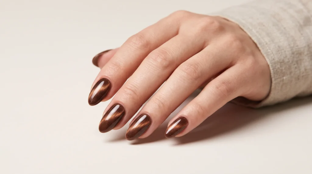 Cocoa Nail Color: 10 Gorgeous Ideas, Shades & Pro Tips for a Luxe Manicure 10 Velvet magnetic cat-eye cocoa nail color with glowing bronze dimensional shimmer.