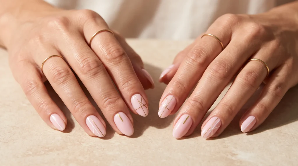 Pale Pink Nails: 10 Soft, Polished Ideas for Every Occasion 12 Minimalist line art detailing over clean pale pink nails in daylight.