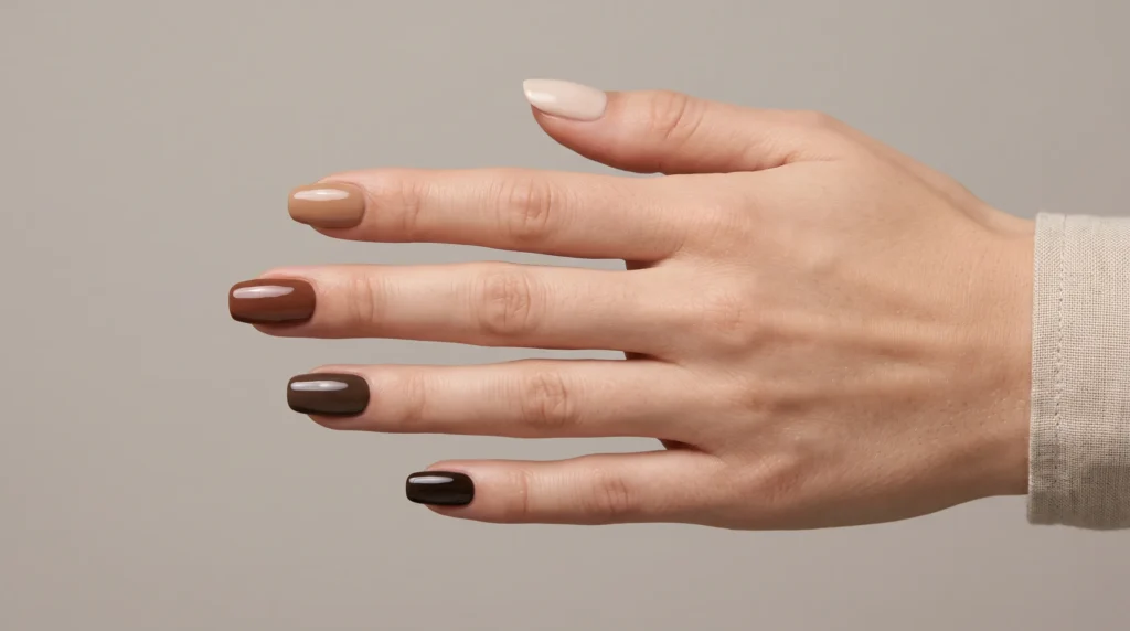 Cocoa Nail Color: 10 Gorgeous Ideas, Shades & Pro Tips for a Luxe Manicure 12 Five-shade tonal brown gradient manicure featuring cocoa nail color in bright daylight.