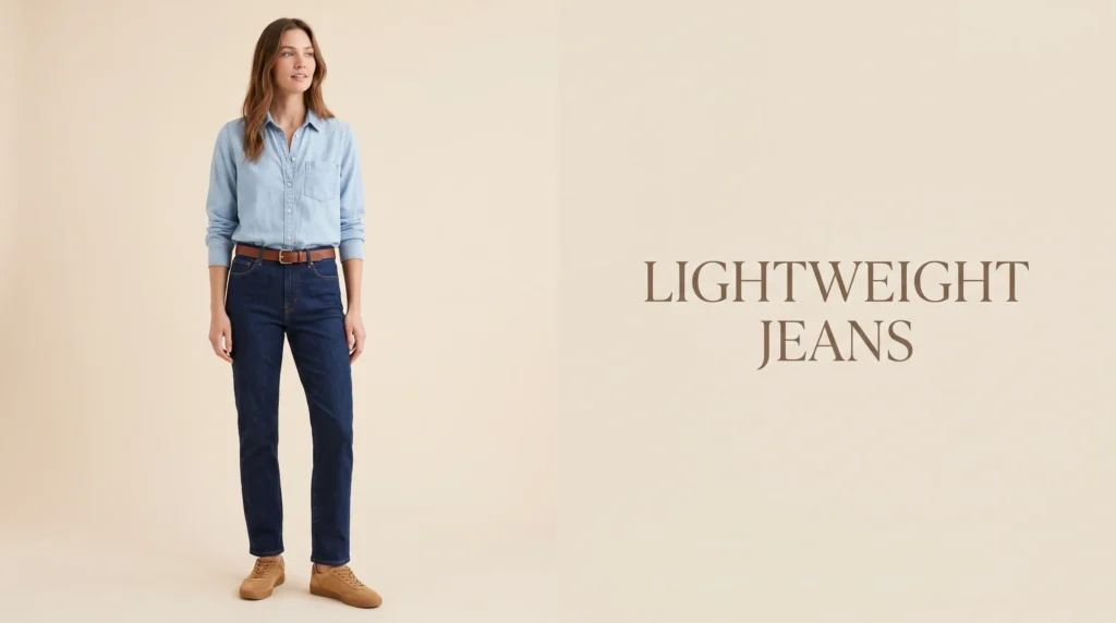 Modern double denim featuring dark lightweight jeans paired with a chambray shirt.