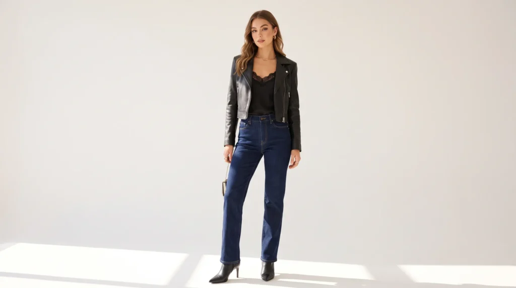 The Ultimate Club Outfit for Women Guide: 10 Head Turning Looks for Every Night Out 11 Elevated denim and leather jacket casual club outfit for women.