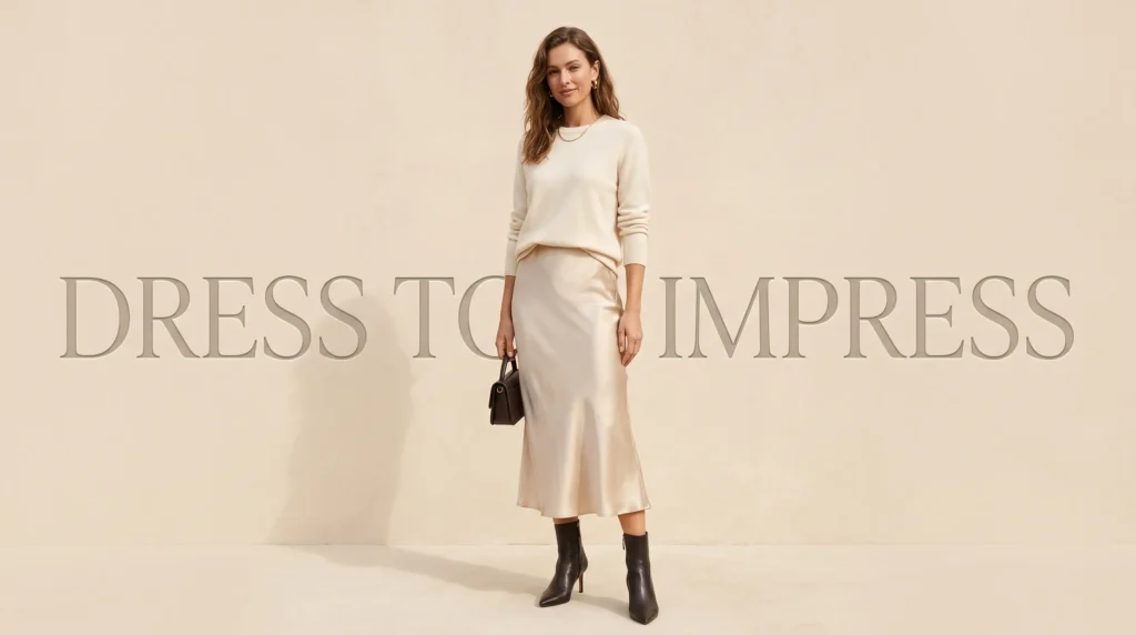 Dress to Impress Guide for Women: 10 Outfit Formulas for Work, Dates, and Events 8 Champagne satin slip skirt and cream knit dinner date dress to impress outfit.