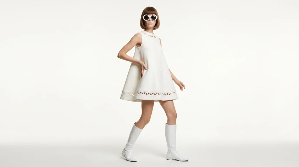12 Iconic 60's Outfits for Ladies: Mod, Retro, and Vintage Looks to Recreate 8 Retro futuristic white space age dress and go go boots in 60's outfits for ladies.