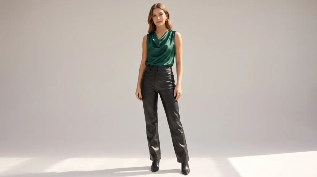 The Ultimate Club Outfit for Women Guide: 10 Head Turning Looks for Every Night Out 5 Sleek satin top and faux leather trousers club outfit for women.