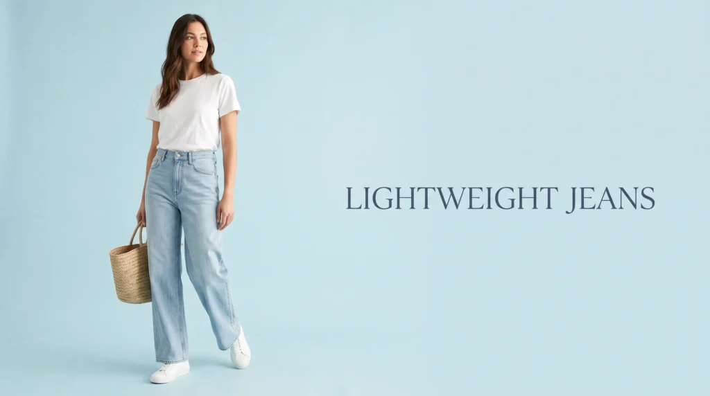 Classic weekend look featuring light wash wide leg lightweight jeans and a white tee.