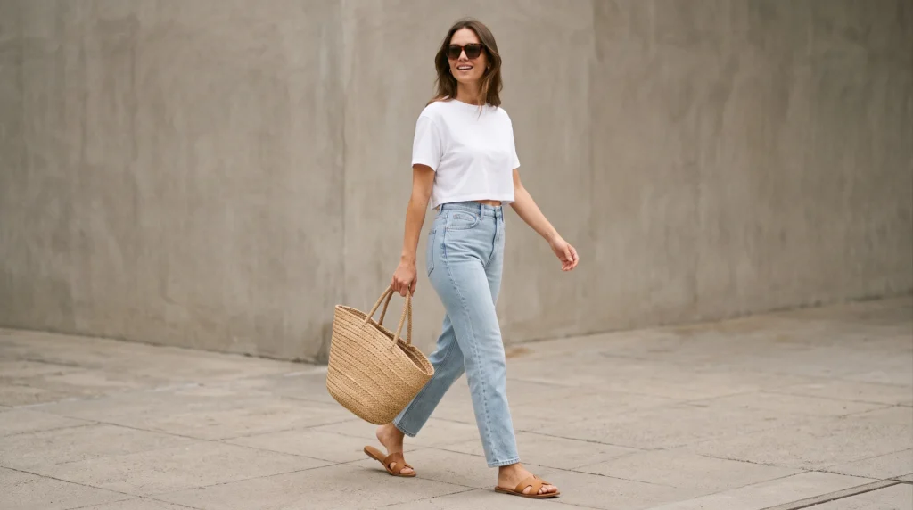 10 High Waisted Jeans Outfits for Women: Styling Ideas, Fit Guide, and Tips 8 Woman styling a cropped tee with light-wash high waisted jeans for summer.