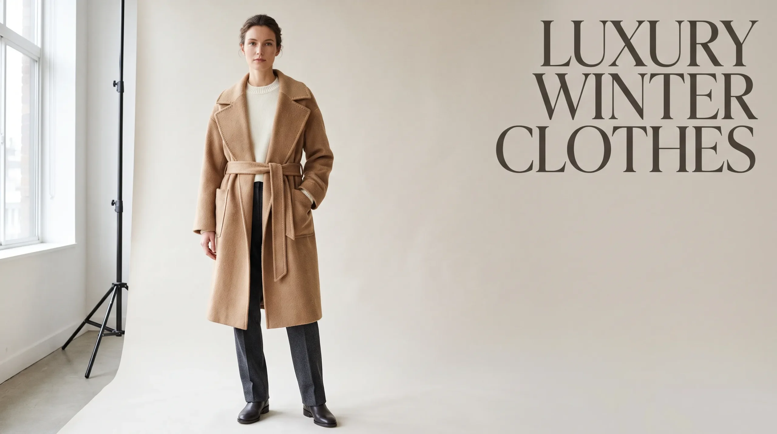 Editorial hero photo showcasing luxury winter clothes for women featuring a camel hair wrap coat and cream cashmere knit against a bright neutral background.