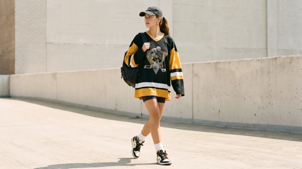 10 Adam Sandler Outfit Ideas for Women: Comfy, Oversized, and Effortlessly Cool 6 A sporty Happy Gilmore inspired oversized hockey jersey outfit for women with high-top sneakers.