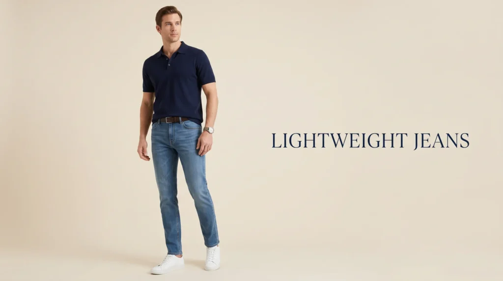 Men's smart casual outfit pairing tapered lightweight jeans with a navy knit polo.