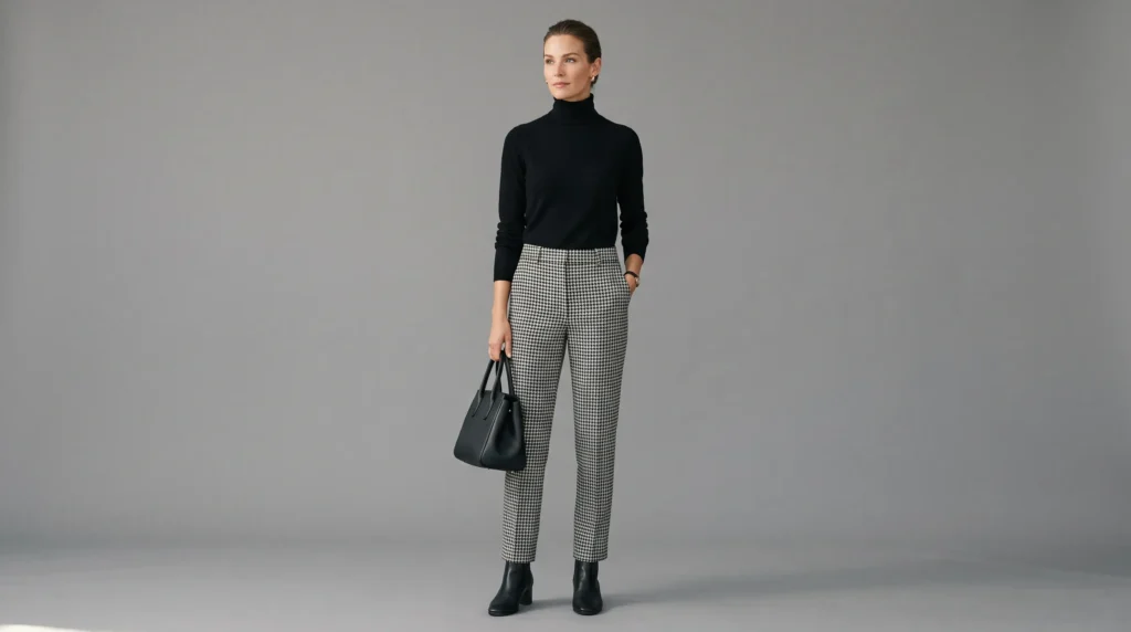 Wool Trouser Women: 10 Outfit Ideas for Work, Weekends, and Evenings 11 Black and white houndstooth check trousers styled with a black turtleneck, demonstrating a patterned wool trouser women outfit option for the office.