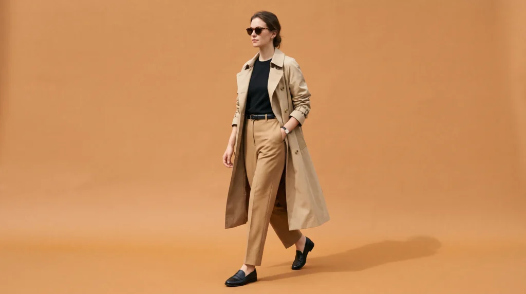 Wool Trouser Women: 10 Outfit Ideas for Work, Weekends, and Evenings 9 High waisted camel pants with an open trench coat, capturing an effortless transitional season outfit for the wool trouser women use in daily life.