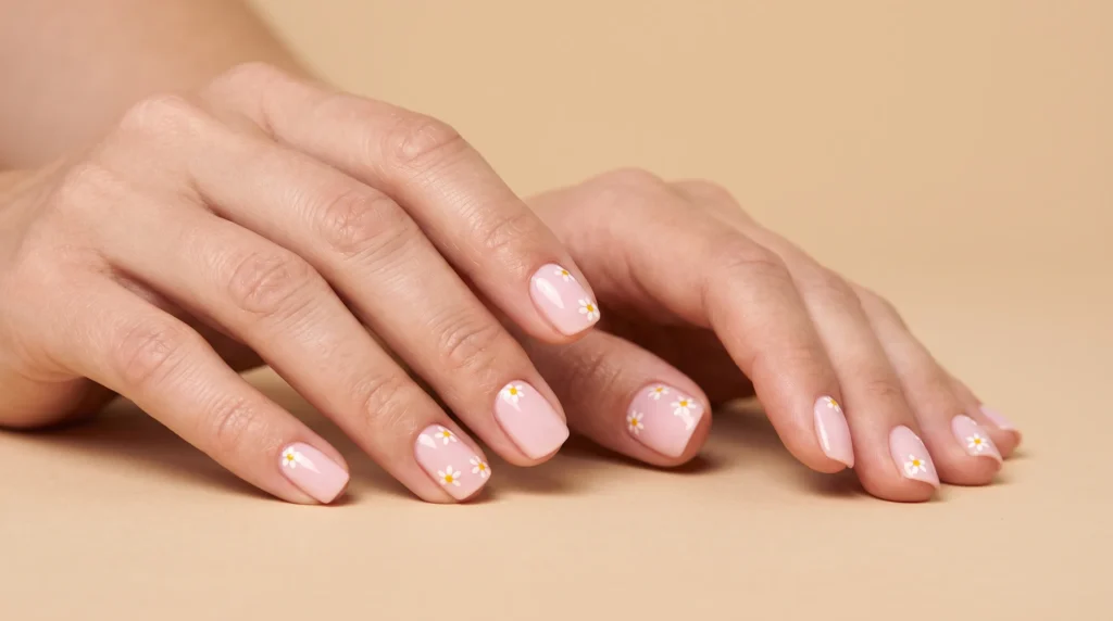 Pale Pink Nails: 10 Soft, Polished Ideas for Every Occasion 9 Dainty floral nail art painted over a soft pale pink nails base.