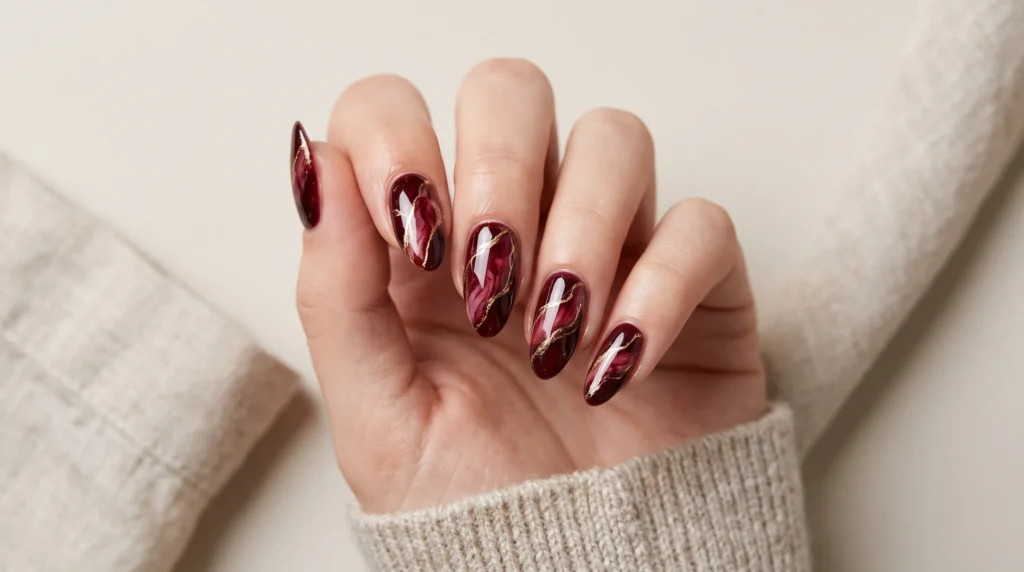 Burgundy and Gold Nails: 10 Luxurious Ideas, Shades & Pro Tips for a Rich Manicure 7 Polished stone effect burgundy and gold nails with delicate swirled metallic marble veins.