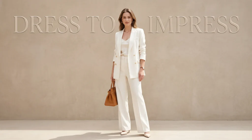 Dress to Impress Guide for Women: 10 Outfit Formulas for Work, Dates, and Events 2 Polished ivory tailored suit representing a dress to impress outfit for women.