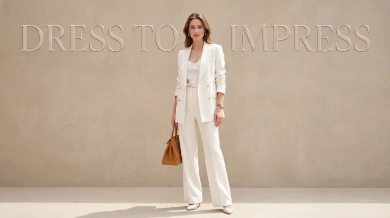 Polished ivory tailored suit representing a dress to impress outfit for women.