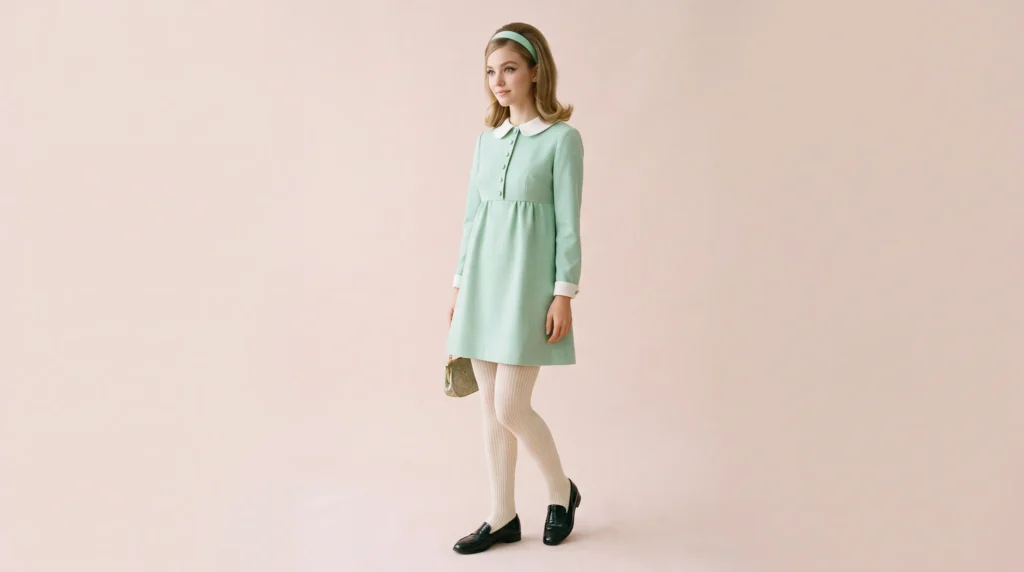 12 Iconic 60's Outfits for Ladies: Mod, Retro, and Vintage Looks to Recreate 7 Mint green babydoll dress with Peter Pan collar highlighting vintage 60's outfits for ladies.
