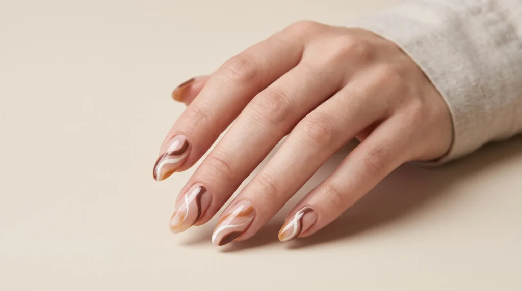Cocoa Nail Color: 10 Gorgeous Ideas, Shades & Pro Tips for a Luxe Manicure 11 Abstract swirl nail art in warm cocoa nail color and cream tones.
