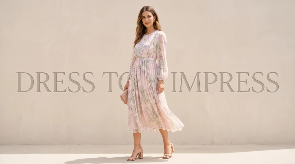 Dress to Impress Guide for Women: 10 Outfit Formulas for Work, Dates, and Events 10 Chiffon floral midi wedding guest dress to impress outfit for women.