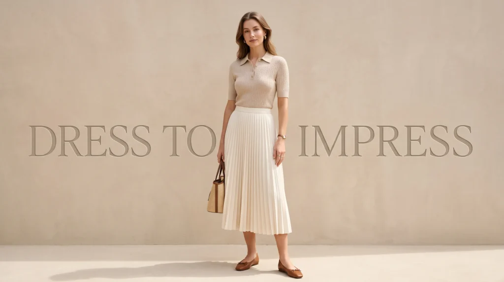 Dress to Impress Guide for Women: 10 Outfit Formulas for Work, Dates, and Events 12 Pleated midi skirt and knit polo weekend brunch dress to impress outfit for women.