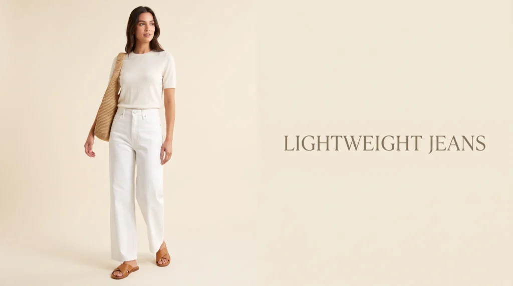 Monochrome summer outfit featuring crisp white lightweight jeans and a cream knit.