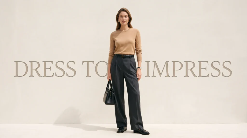 Dress to Impress Guide for Women: 10 Outfit Formulas for Work, Dates, and Events 5 wide leg trousers business casual dress to impress outfit