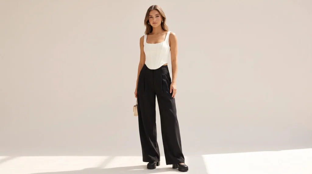 The Ultimate Club Outfit for Women Guide: 10 Head Turning Looks for Every Night Out 9 Structured corset top and wide leg trousers club outfit for women.