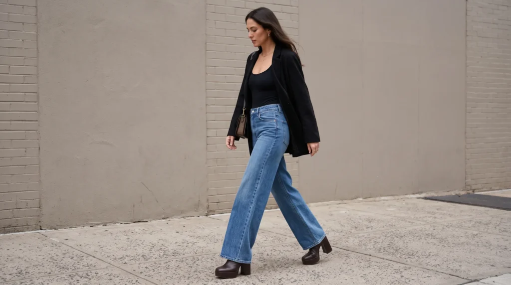 High Heels With Jeans: 10 Outfit Ideas for Every Occasion 4 A fashion forward woman wearing high waisted wide leg jeans with platform block heels and a black bodysuit.