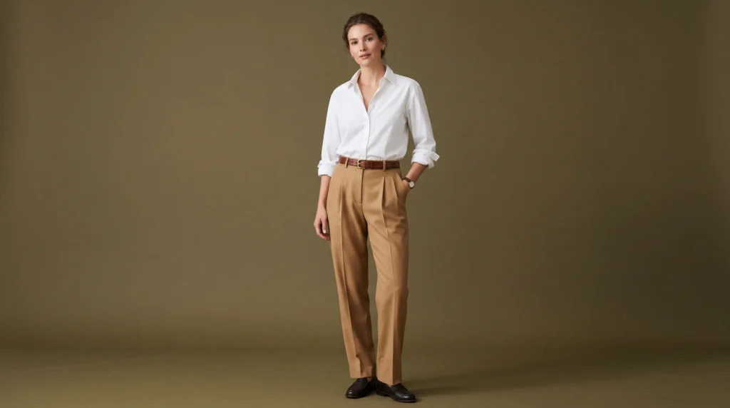 Wool Trouser Women: 10 Outfit Ideas for Work, Weekends, and Evenings 5 Tailored pleated pants with a classic white shirt, showcasing a menswear inspired wool trouser women design suited for formal and creative workspaces.