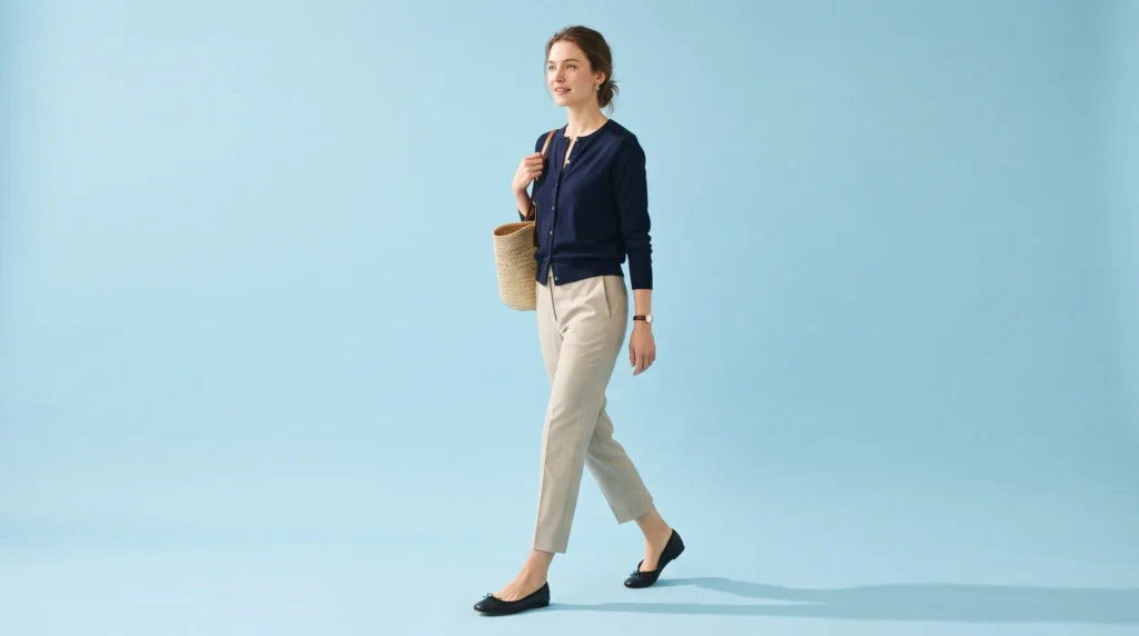 Wool Trouser Women: 10 Outfit Ideas for Work, Weekends, and Evenings 10 Cropped stone colored pants worn with ballet flats, showing a lightweight summer version of the wool trouser women rely on for warm weather.
