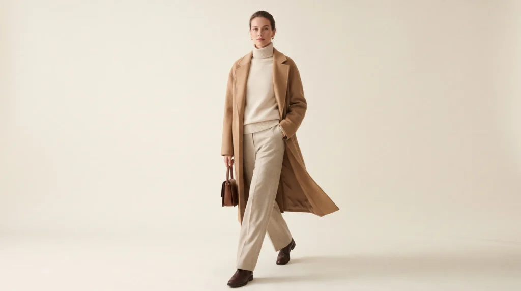 Wool Trouser Women: 10 Outfit Ideas for Work, Weekends, and Evenings 12 A layered, tonal winter outfit in oatmeal and cream shades, showcasing the luxurious warmth of the wool trouser women style for cold seasons.