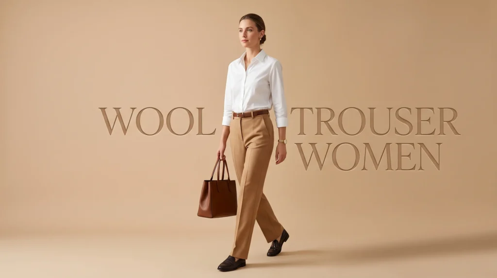 A stylish woman in tailored camel wool trousers, exemplifying the versatile wool trouser women style worn for professional work, weekends, and smart casual settings.