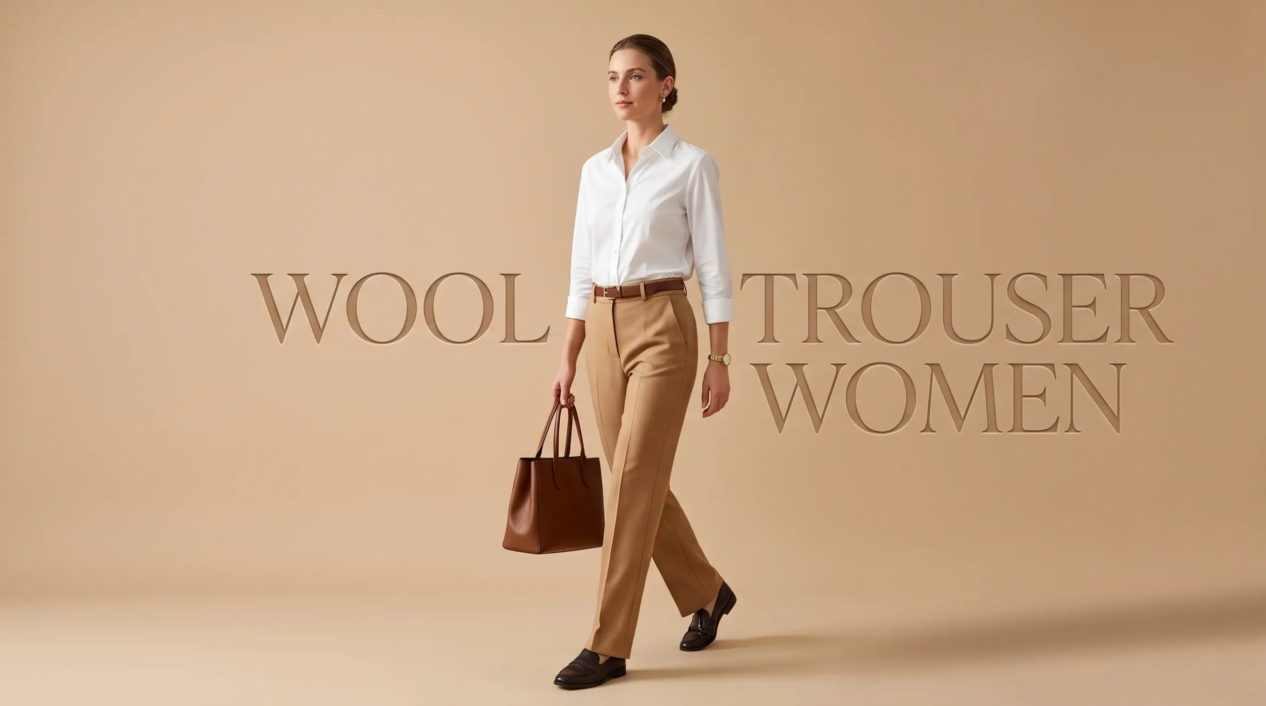 A stylish woman in tailored camel wool trousers, exemplifying the versatile wool trouser women style worn for professional work, weekends, and smart casual settings.