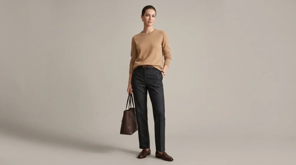 Wool Trouser Women: 10 Outfit Ideas for Work, Weekends, and Evenings 3 An office-ready outfit featuring charcoal straight leg pants and a camel knit, demonstrating how a wool trouser women wear can be styled comfortably for the workplace.
