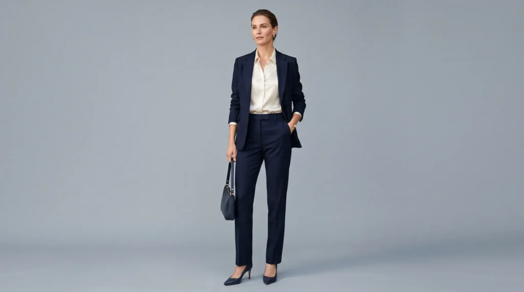 Wool Trouser Women: 10 Outfit Ideas for Work, Weekends, and Evenings 7 A polished matching navy suit with an ivory blouse, proving how a wool trouser women wear can create an unbroken, professional silhouette for important meetings.
