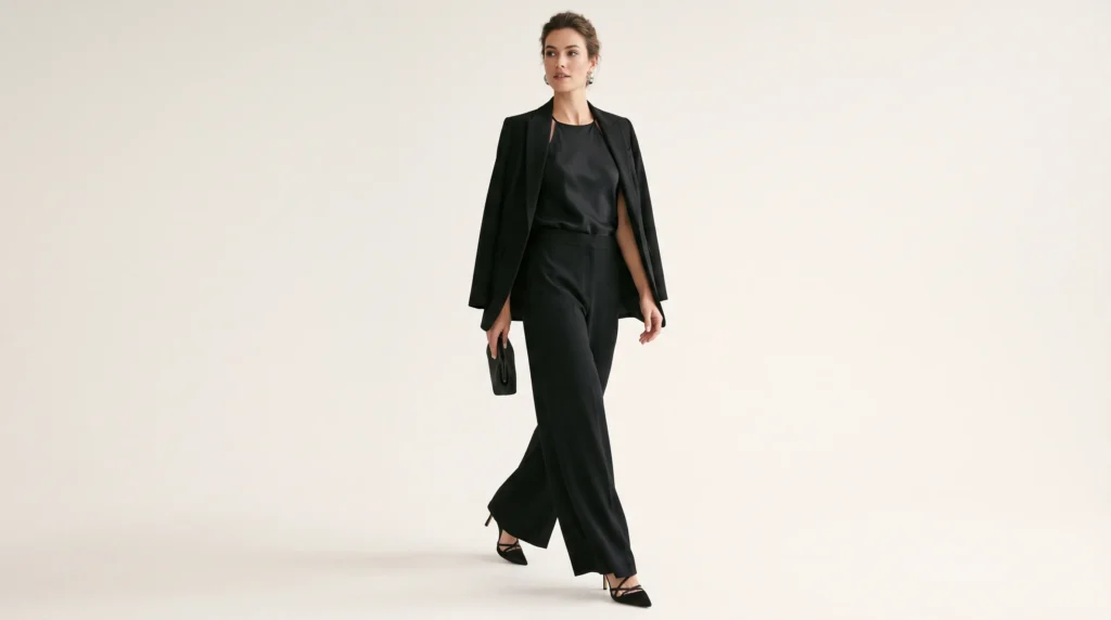 Wool Trouser Women: 10 Outfit Ideas for Work, Weekends, and Evenings 8 Elegant black crepe trousers with a silk top and blazer, highlighting a dressy evening version of the wool trouser women wear for nights out.