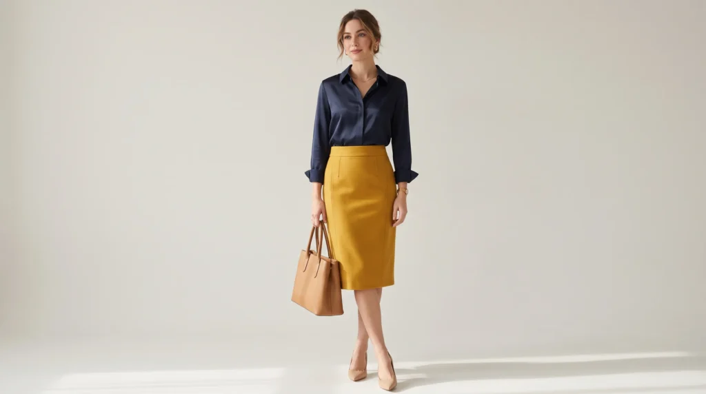 The Complete Yellow Skirt Guide: 12 Stunning Outfit Ideas and Styling Rules 3 Professional yellow skirt outfit idea with a mustard pencil skirt and navy blouse for office wear.